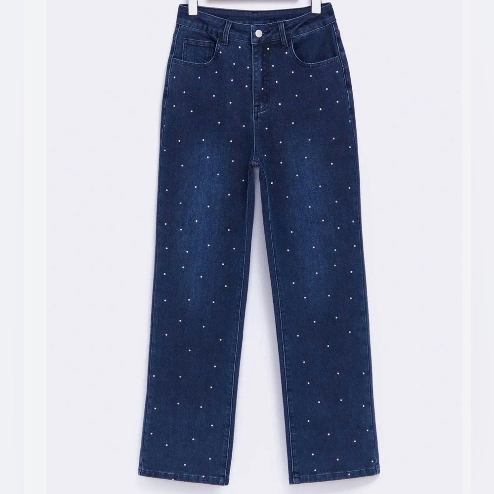 GOGO‎ Jeans Wide Leg high-waisted rhinestone-embellished Stone Blue